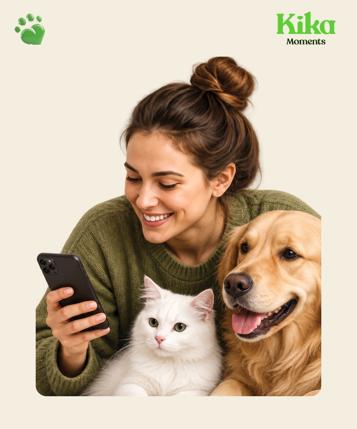 Naine telefoni, koera ja kassiga